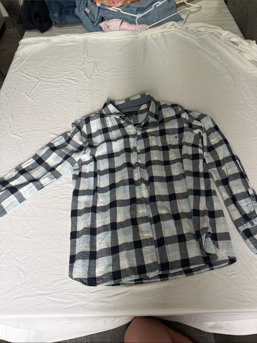 Tommy Hilfiger women’s navy blue and White Plaid Button-Down Shirt